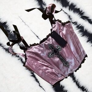 Satin Cross Appliqué Corset Crop Top - Pink